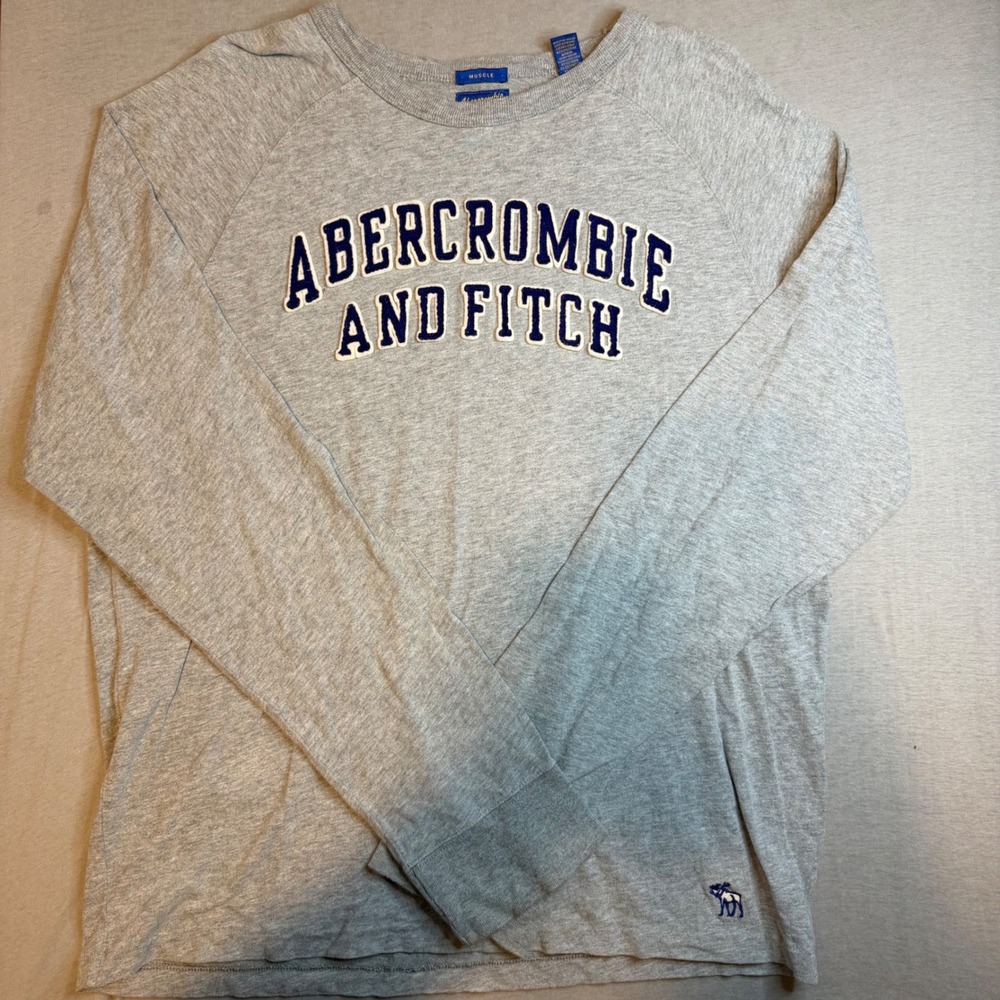 Abercrombie & Fitch Y2K Mens Muscle Fit Long Sleeve Logo T-Shirt Gray L 90s Vtg